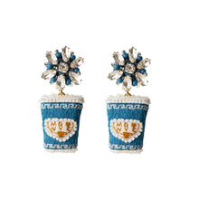 Blue and White Coffee Cup Crystal Drop Earrings on Flat White Background