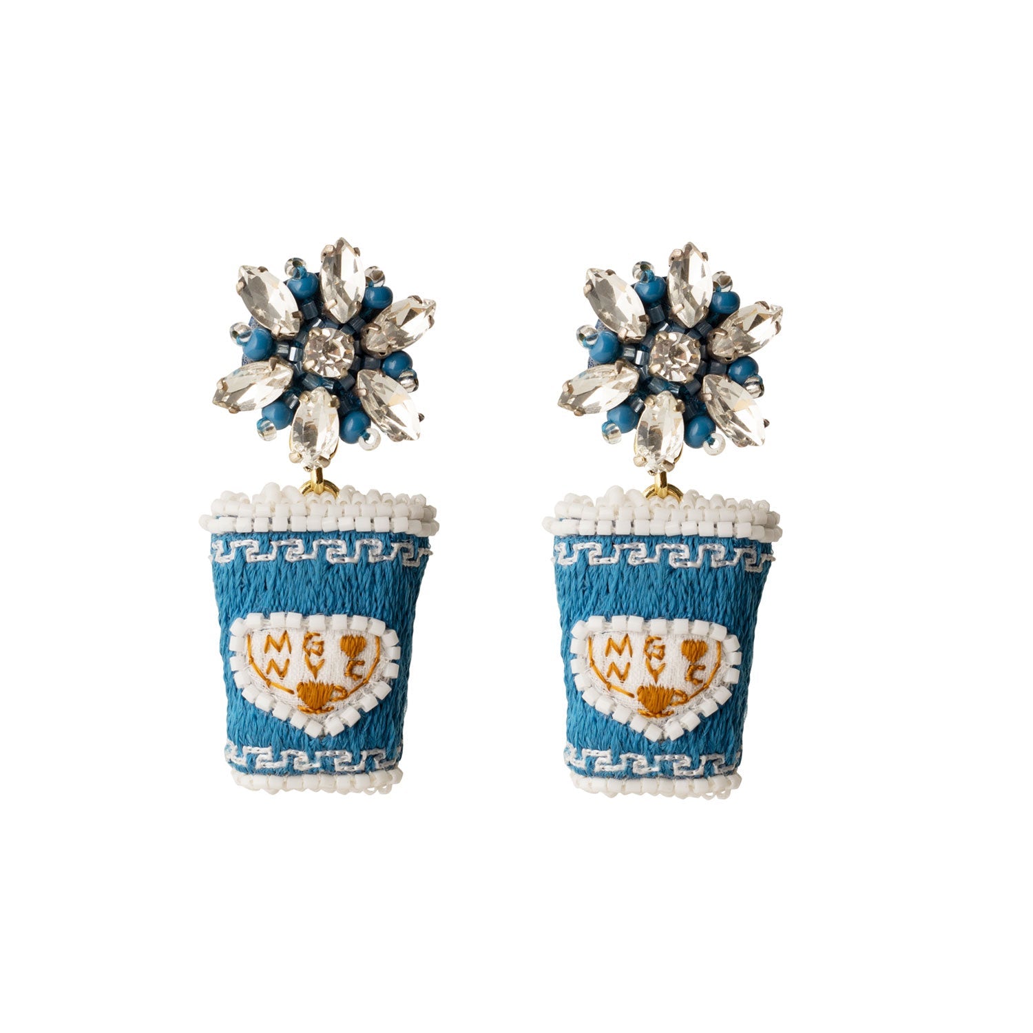 Blue and White Coffee Cup Crystal Drop Earrings on Flat White Background