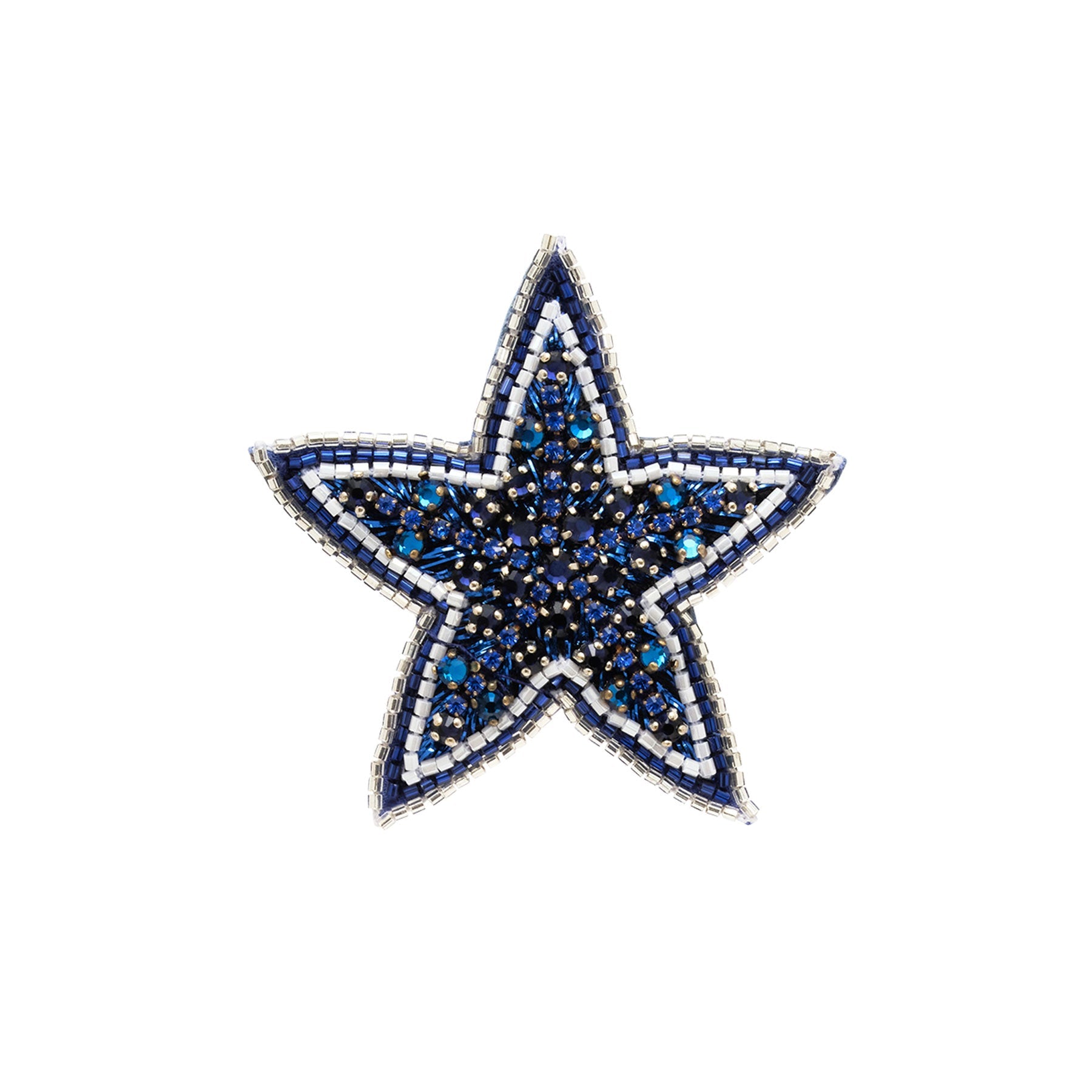 Blue and White Beaded Star Brooch on Flat White Background