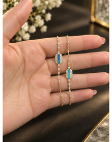 Blue Opal & Diamond Halo Station Bracelet | 14K Yellow Gold