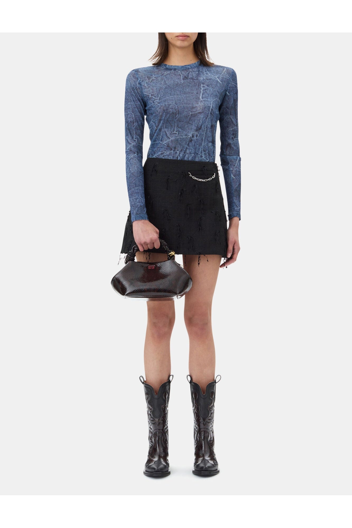 Blue Printed Mesh Blouse | Denim