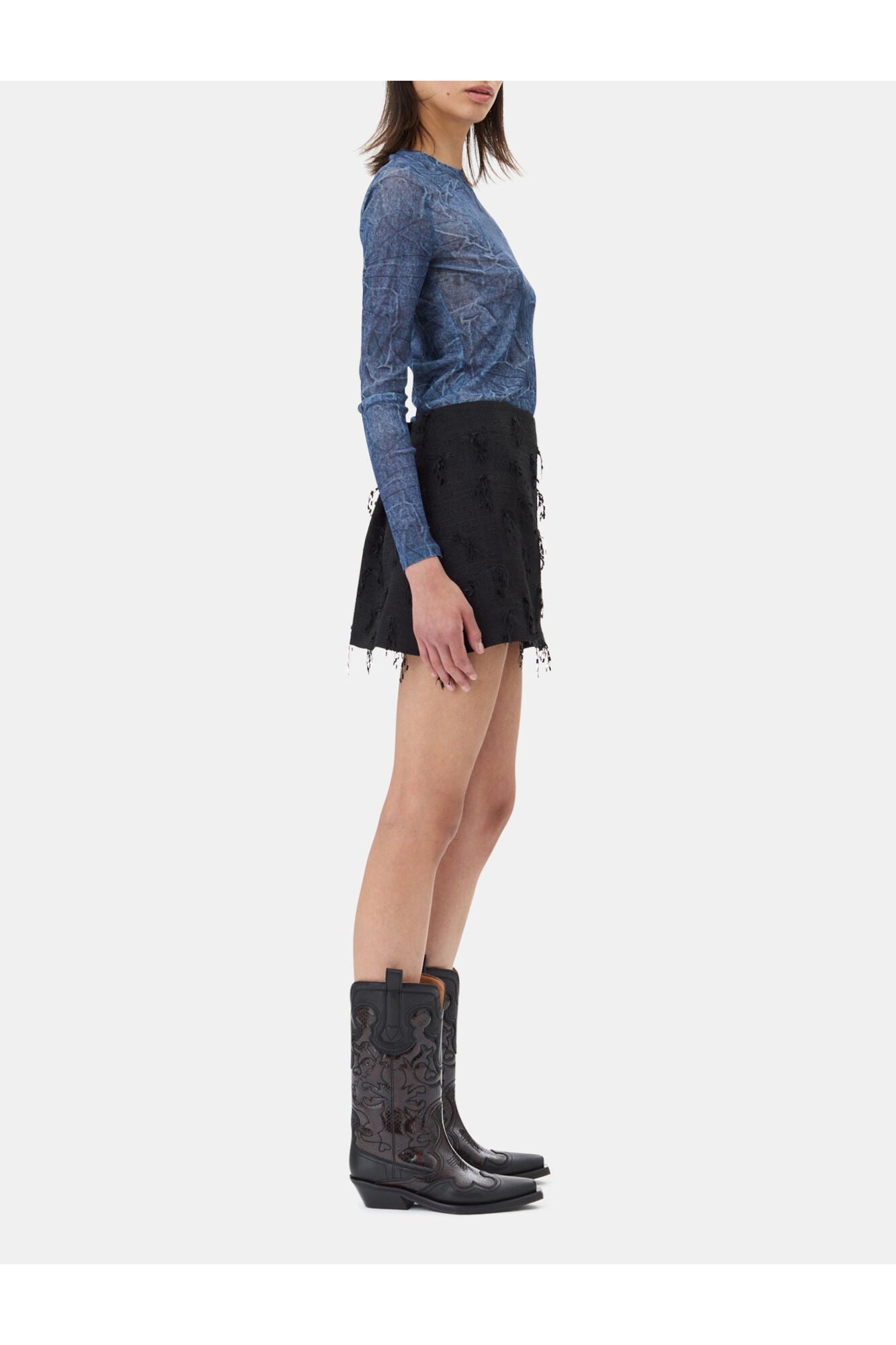 Blue Printed Mesh Blouse | Denim