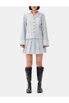 Blue Stripe Cotton Pleated Mini Skirt | Egret