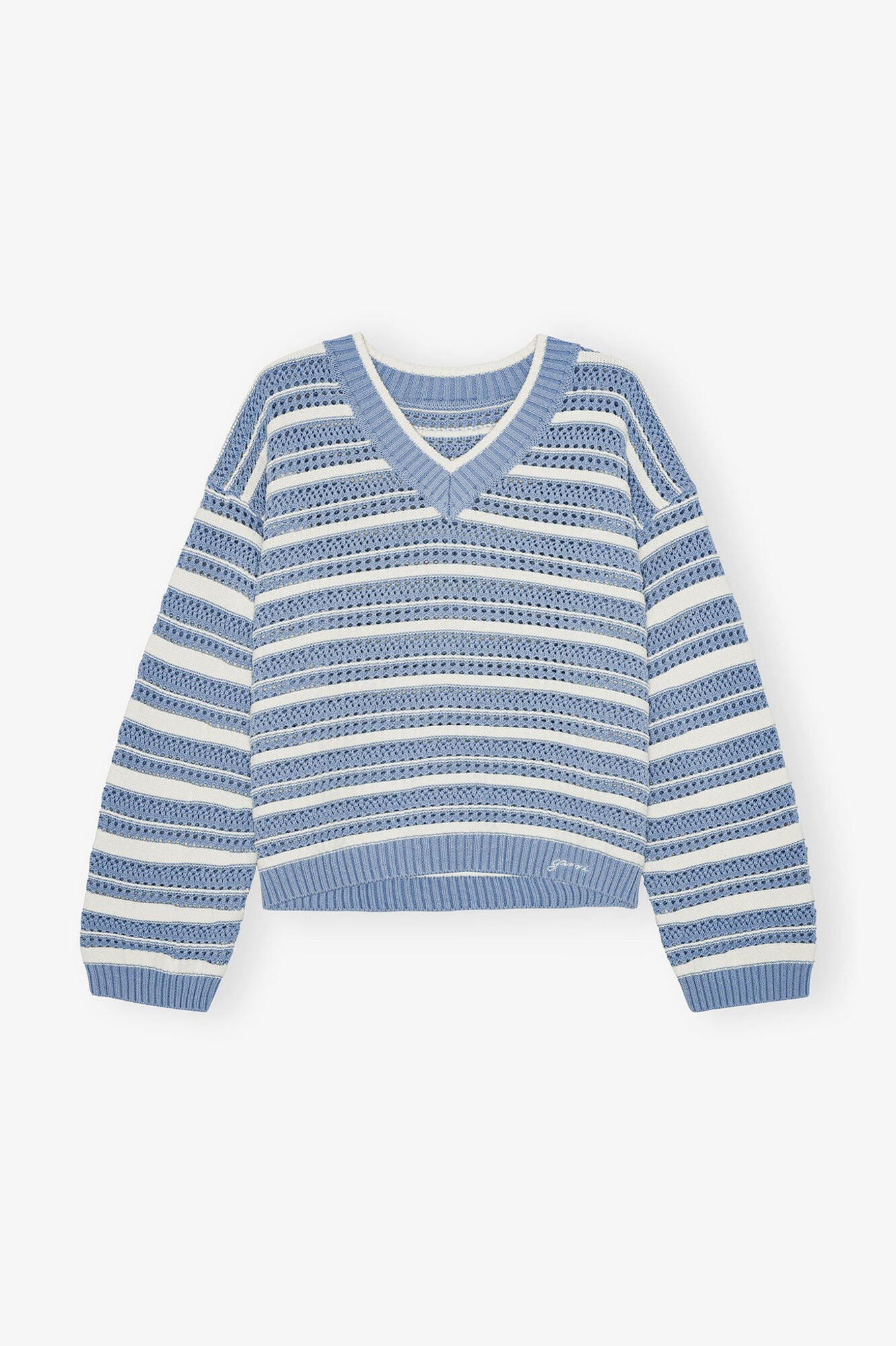 Blue Striped Cotton V neck Jumper | Egret