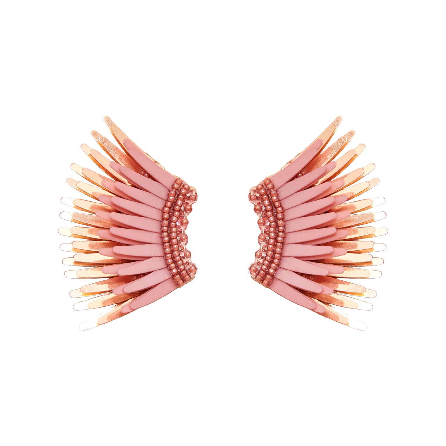 Blush and Rose Gold Sequin and Bead Wing Earrings on Flat White Background