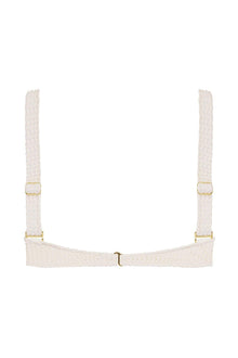 Bone crochet bustier bikini top with long straps and gold hardware closures.