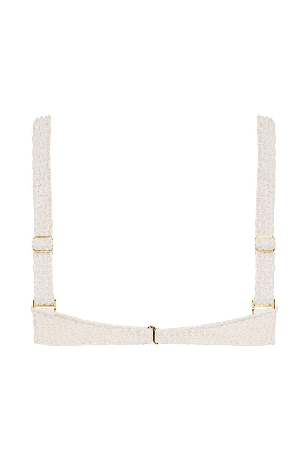 Bone crochet bustier bikini top with long straps and gold hardware closures.
