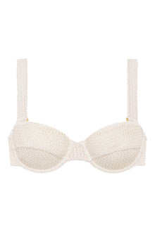 Bone-colored crochet bustier bikini top with structured cups and adjustable straps featuring gold hardware.