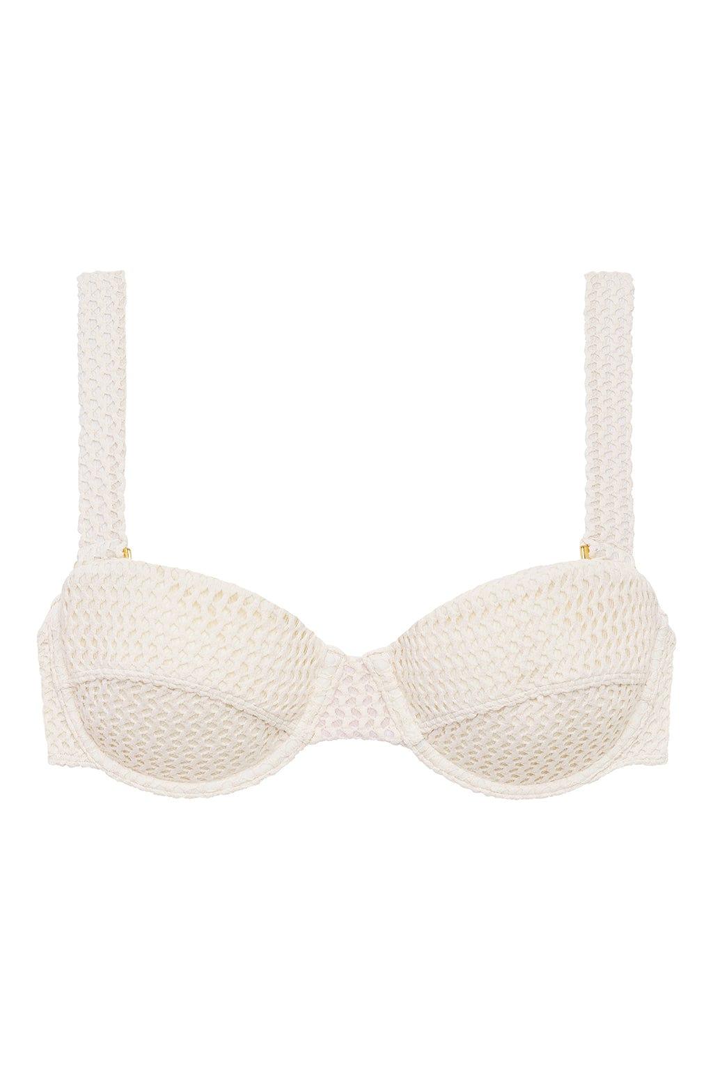 Bone-colored crochet bustier bikini top with structured cups and adjustable straps featuring gold hardware.