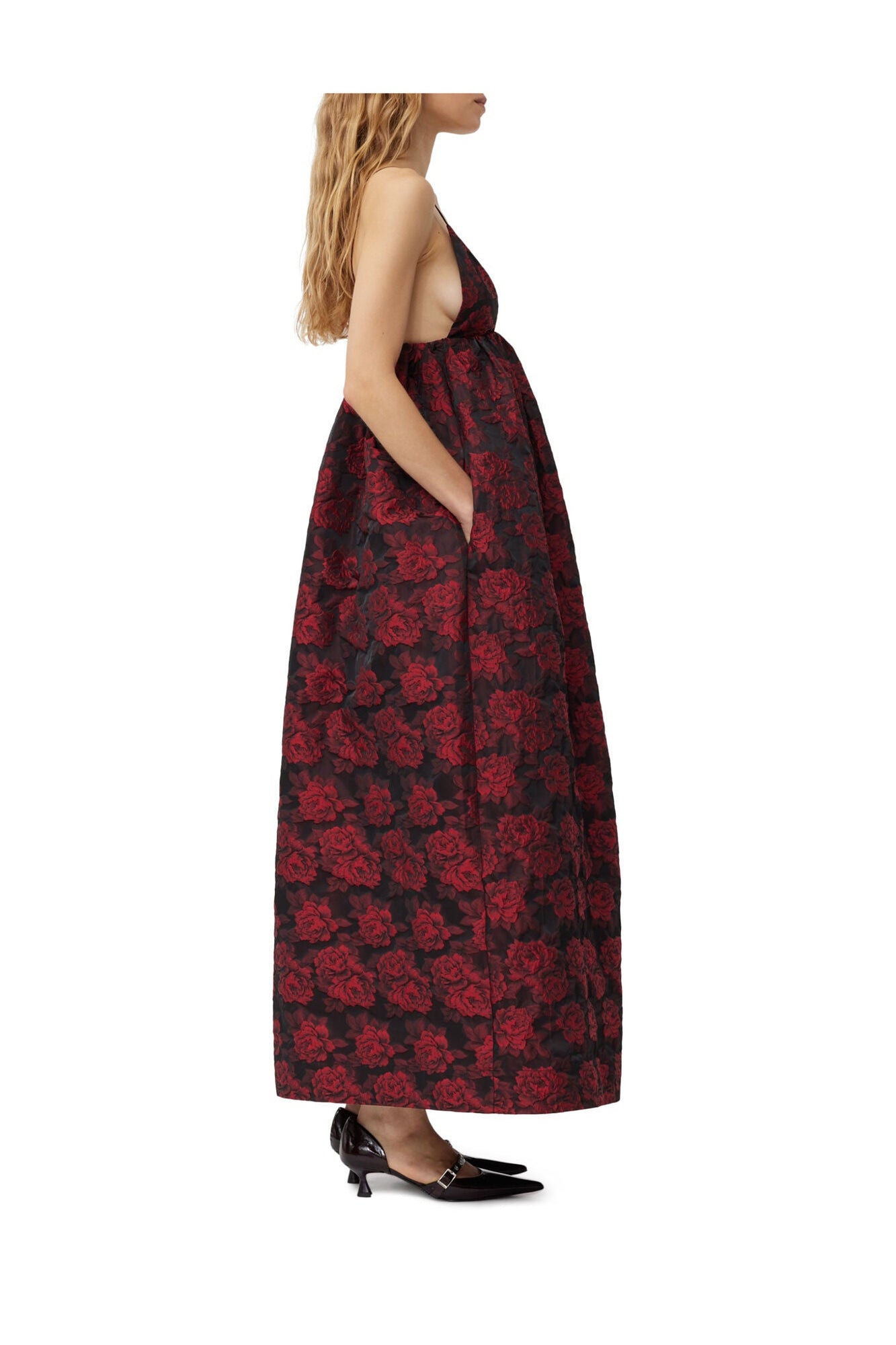 Botanical Jacquard Long Strap Dress | High Risk Red