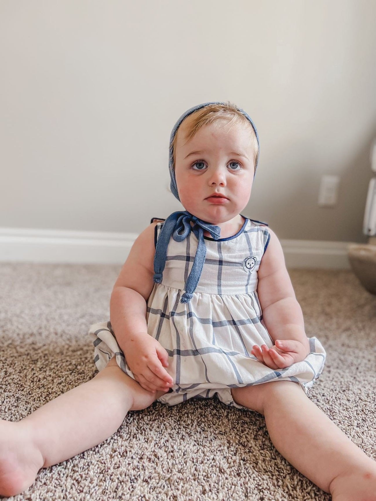 Boy | Checkered Linen Baby Boy Romper | White x Navy