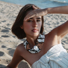 Brown, Black, and White Beaded Scarf Necklace Styled on Model