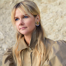 Brown, Tan, Black, and White Beaded Tiger Stud Earrings Styled on Maggie