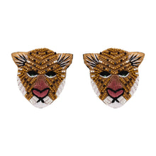 Brown, Tan, Black, and White Beaded Tiger Stud Earrings on Flat White Background