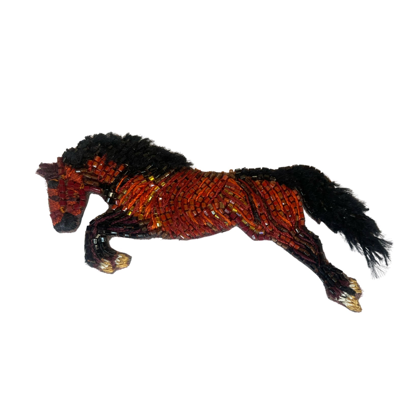 Brown and Black Beaded Horse Brooch On Flat White Background