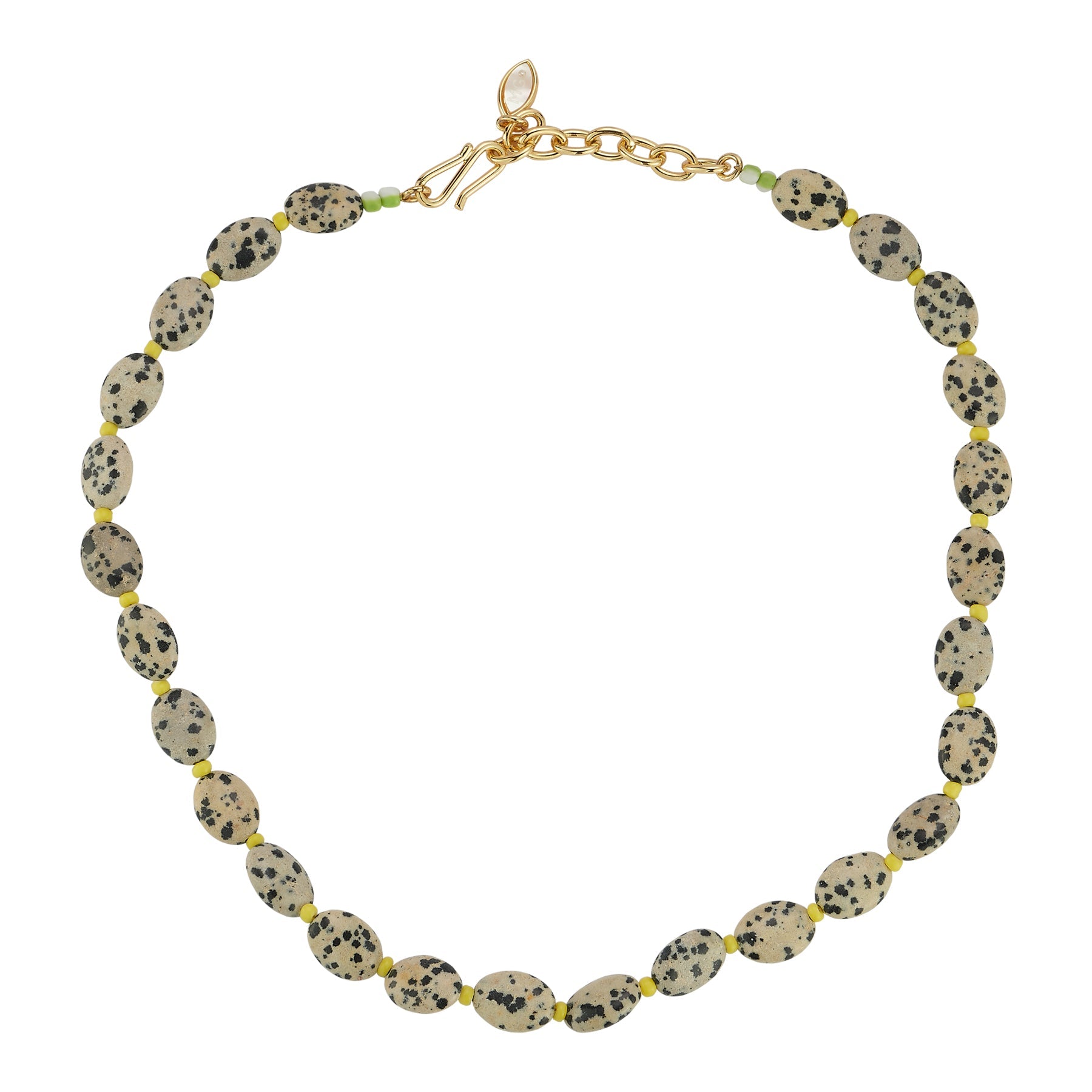 Brown and Black Stone and Yellow Bead Strand Necklace on Flat White Background