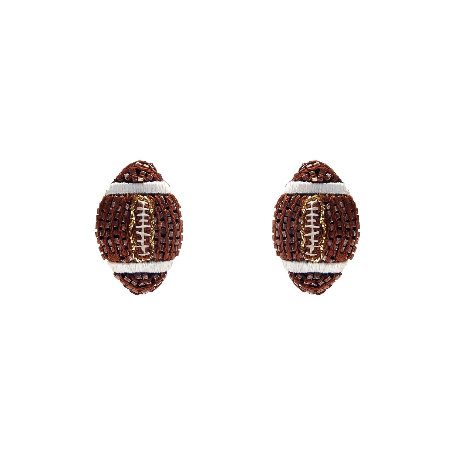 Brown and White Beaded Football Stud Earrings on Flat White Background