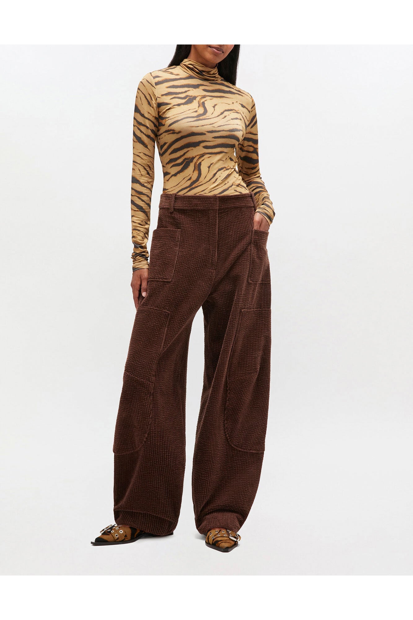 Brown Corduroy Curved Trousers | Chicory Coffee