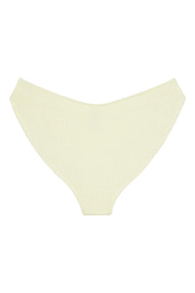 Cream-colored ribbed bikini bottom with high-waisted cut and zig-zag stitching detail.