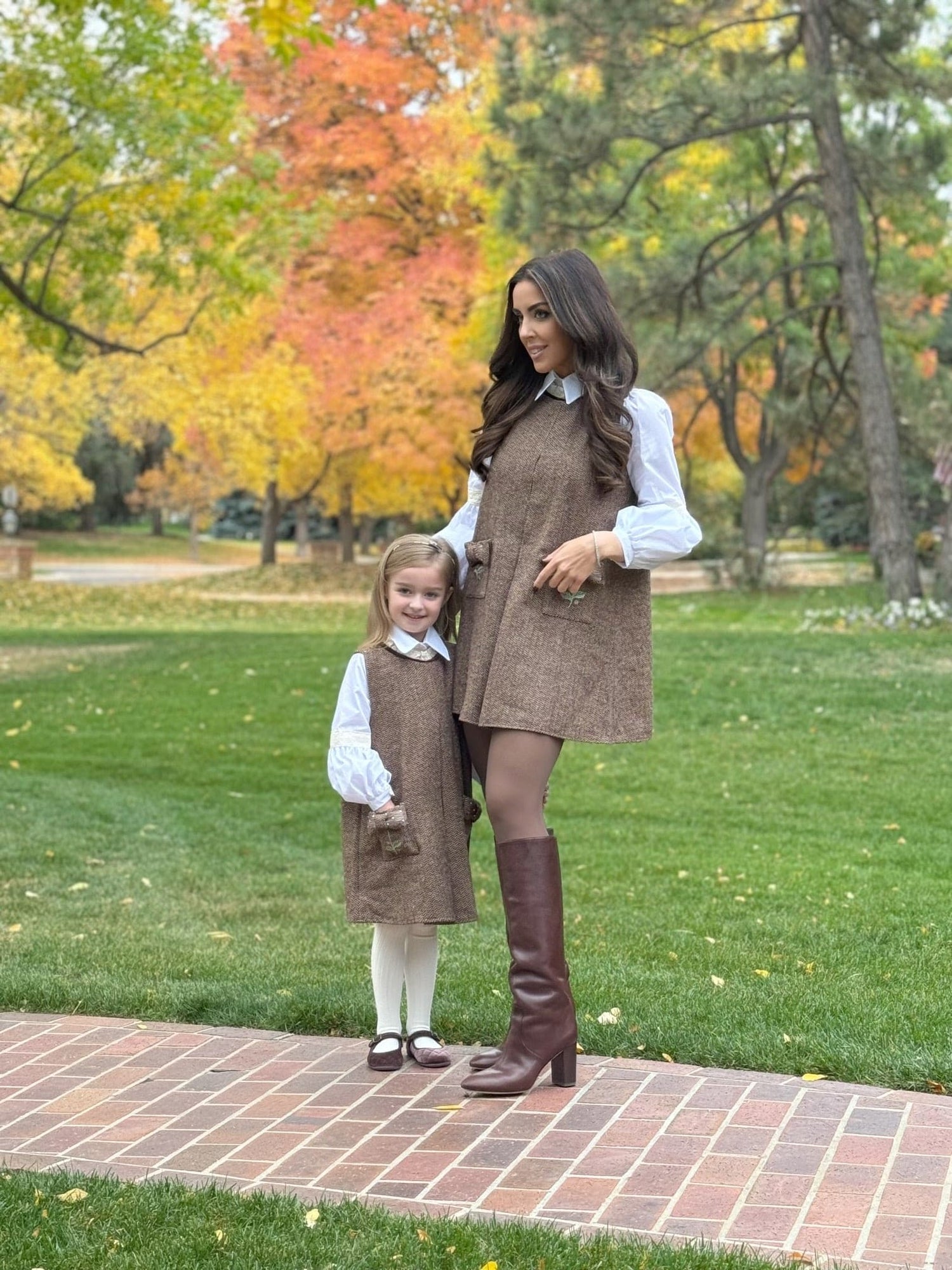 Girl | Herringbone Dress and Blouse Set | Brown x White