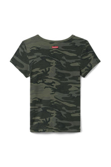 Women | Vintage Camo Short Sleeve V-Neck Baby Tee | Camo/Olive