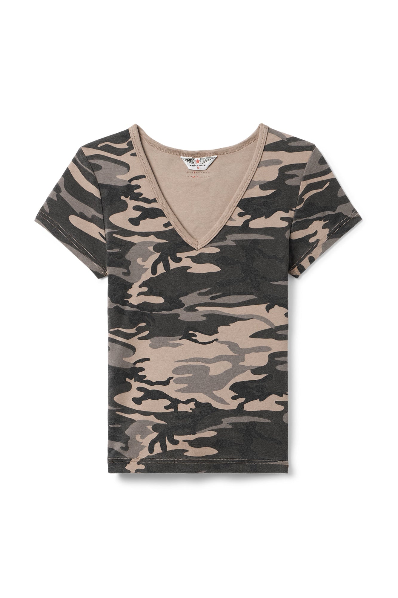 Women | Vintage Camo Short Sleeve V-Neck Baby Tee | Camo/Woodsmoke