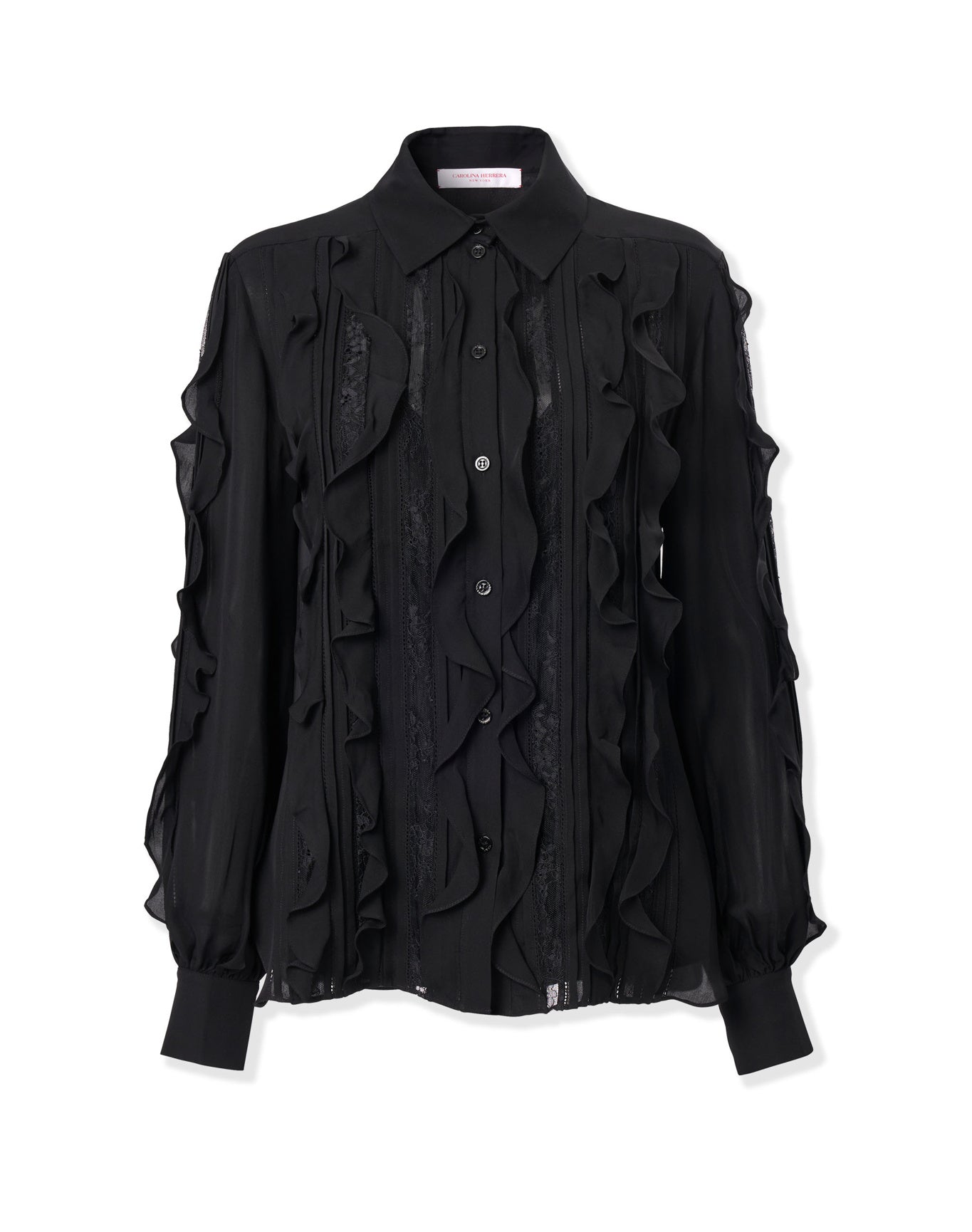 Embroidered Long Sleeve Collared Ruffled Top | Black