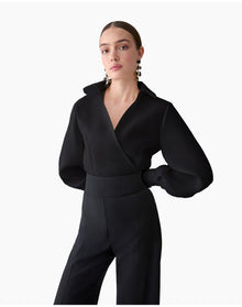 Puff Sleeve Collared Wrap Top With High Cuff | Black