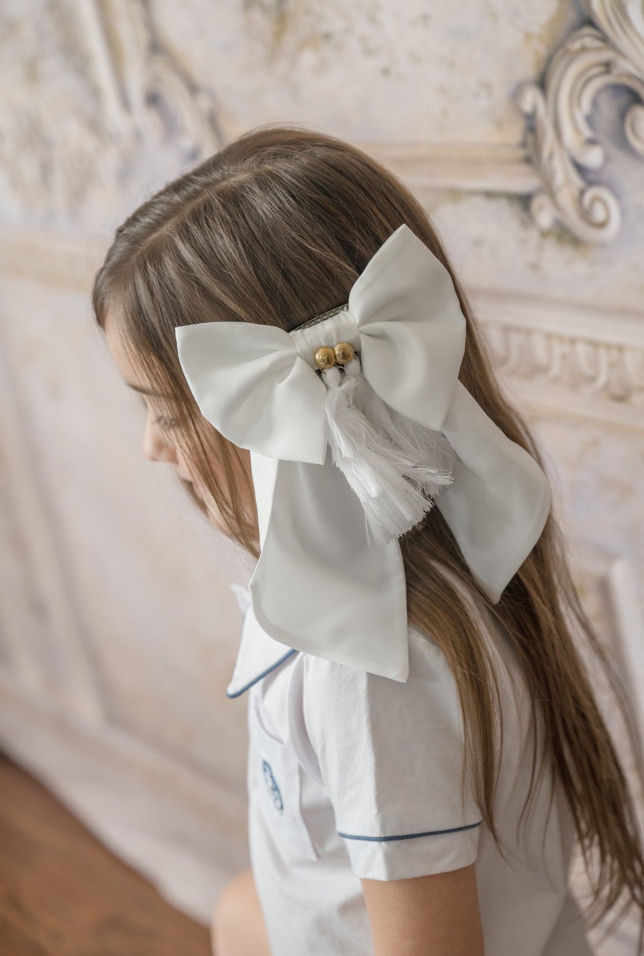 Sienna White Tassels Hair Bow - Petite Maison Kids