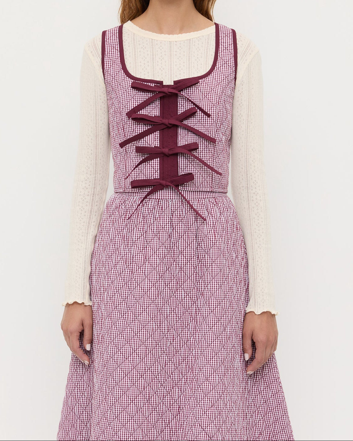 Callista Tie-Front Vest in quilted cotton maroon gingham.