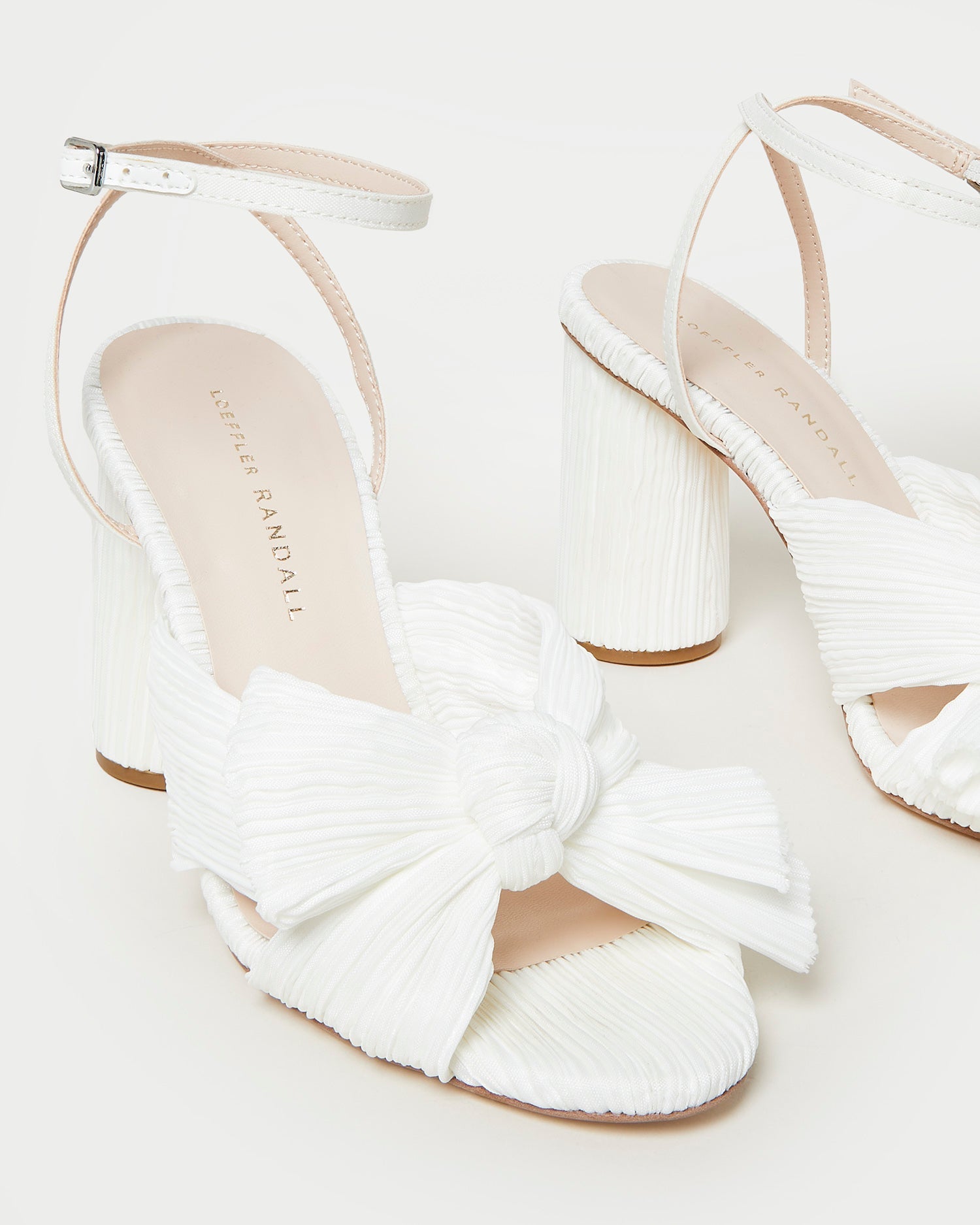 Camellia White Pleated Bow Heel in white fabric