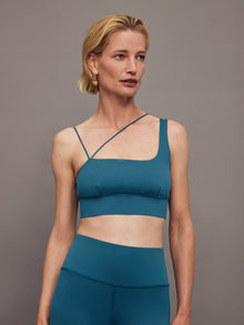Carbon38 | Asymmetrical Strappy Bra in Diamond Compression | Deep Lagoon