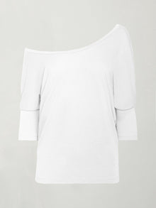Flat lay of white off-shoulder tee with wide neckline and 3/4 sleeves.