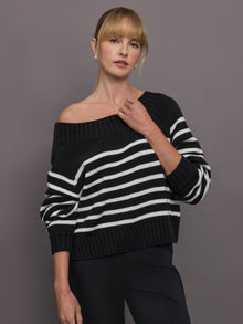 Carbon38 | Slouchy Off Shoulder Sweater | Black/White Stripe
