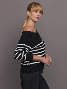 Carbon38 | Slouchy Off Shoulder Sweater | Black/White Stripe