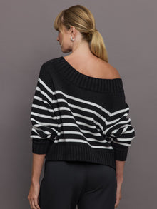 Carbon38 | Slouchy Off Shoulder Sweater | Black/White Stripe