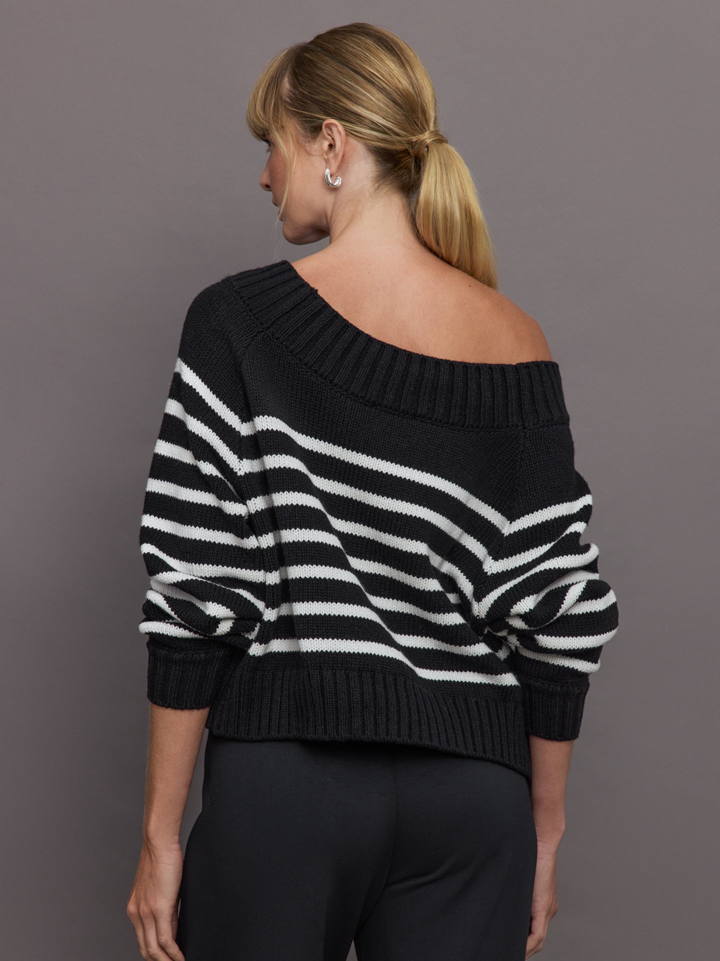 Carbon38 | Slouchy Off Shoulder Sweater | Black/White Stripe