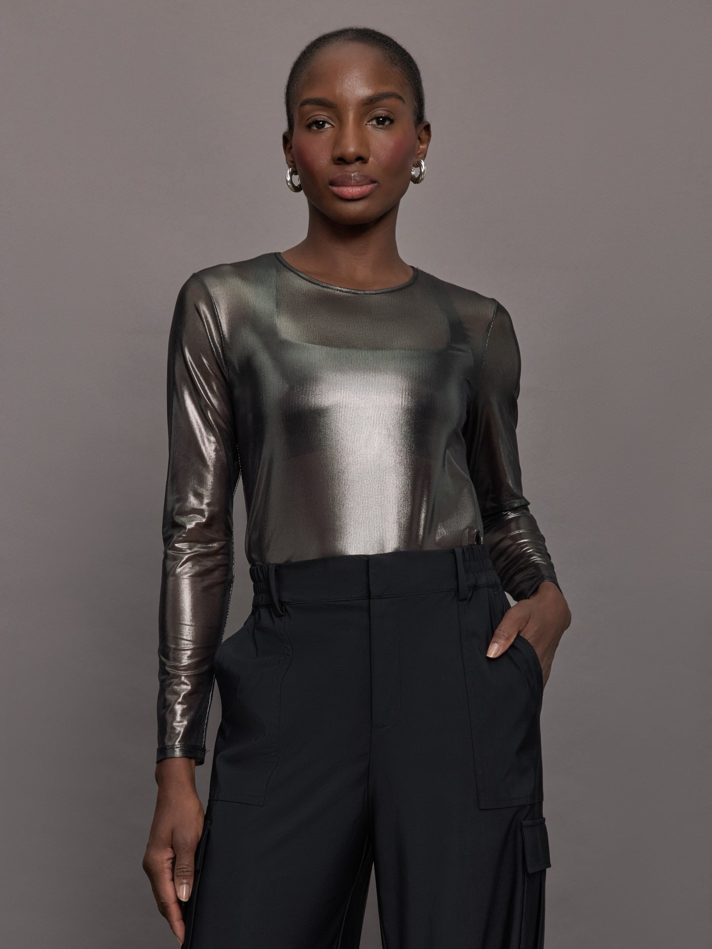 Carbon38 | Silver Mesh Long Sleeve Top | Grey Mesh