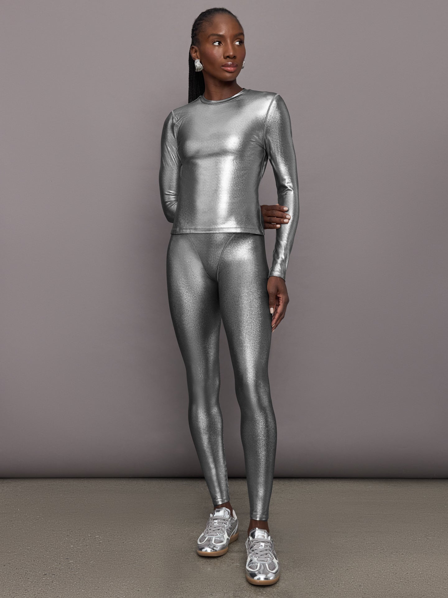 Carbon38 | Liquid Metallic Long Sleeve Top | Metallic Silver
