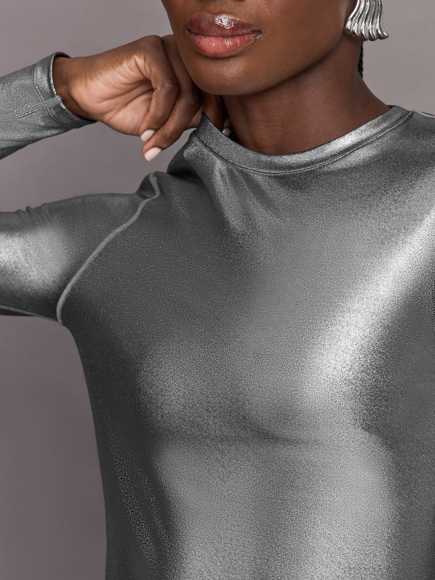 Carbon38 | Liquid Metallic Long Sleeve Top | Metallic Silver