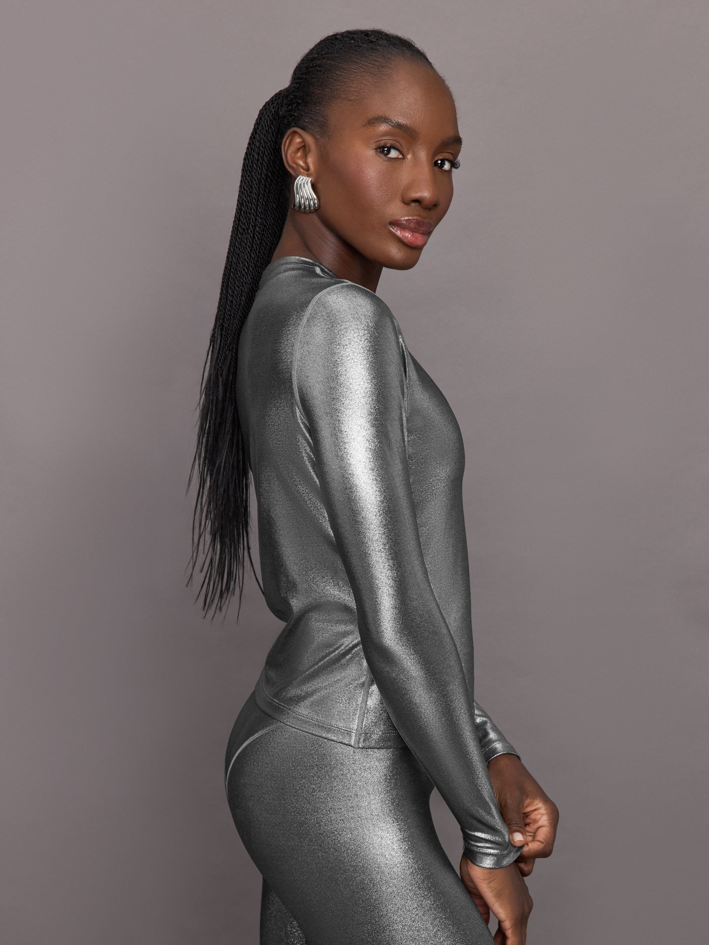 Carbon38 | Liquid Metallic Long Sleeve Top | Metallic Silver