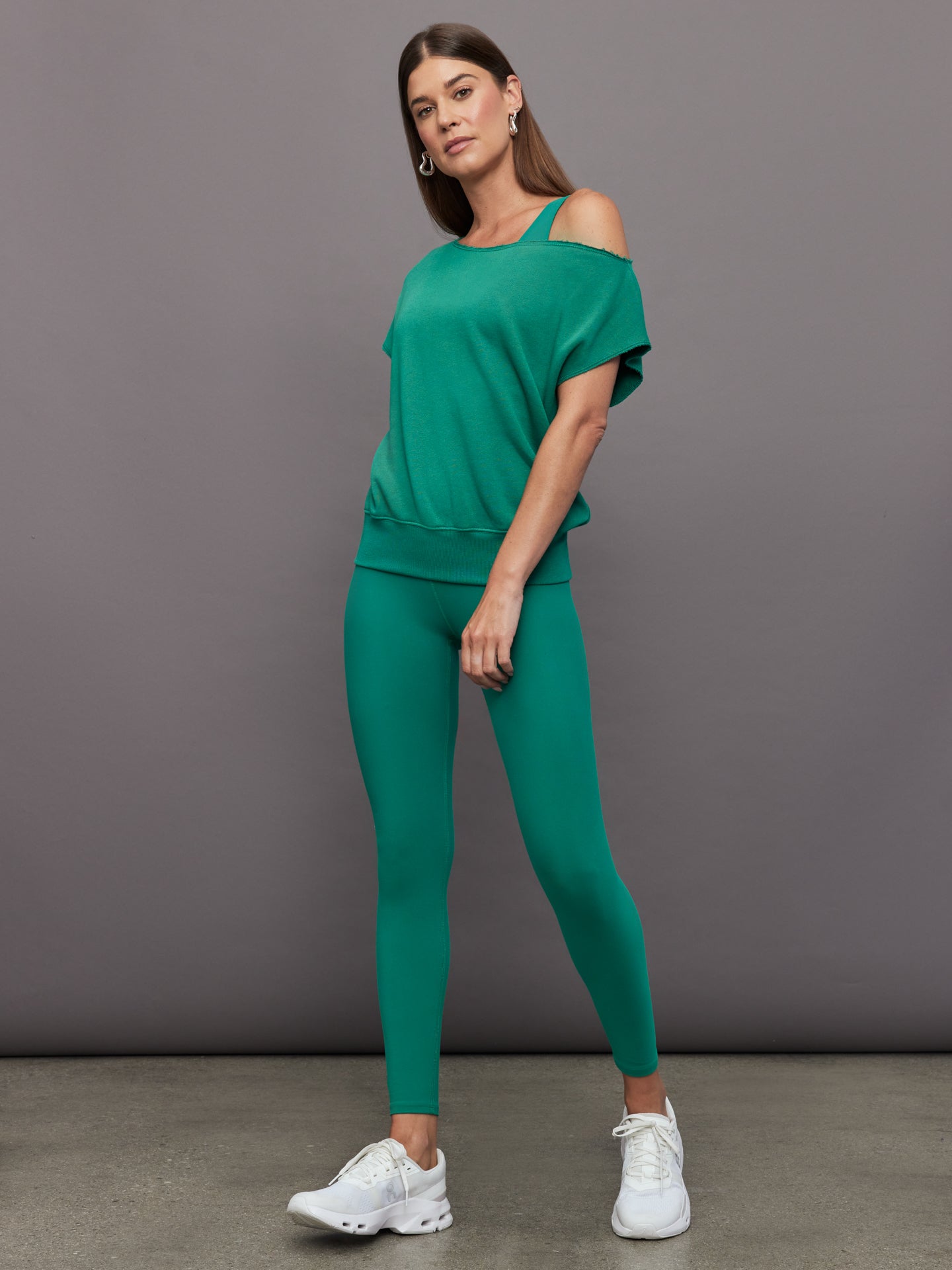 Carbon38 | Short Sleeve Off Shoulder Sweatshirt in French Terry | Malachite