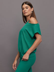 Carbon38 | Short Sleeve Off Shoulder Sweatshirt in French Terry | Malachite