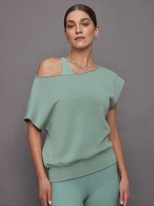 Carbon38 | Short Sleeve Off Shoulder Sweatshirt in French Terry | Granite Green