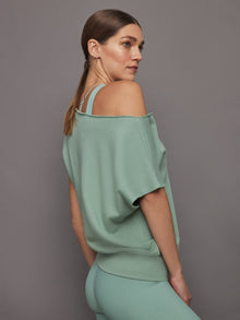 Carbon38 | Short Sleeve Off Shoulder Sweatshirt in French Terry | Granite Green