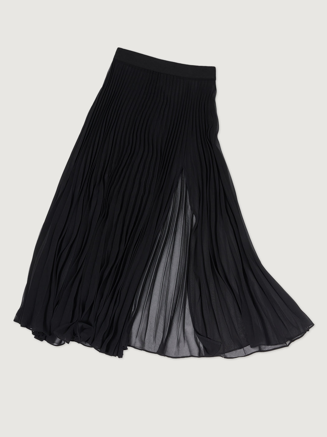 Flat lay of Mesh Pleated Sheer Skirt Black with pleated detailing and slit opening.
