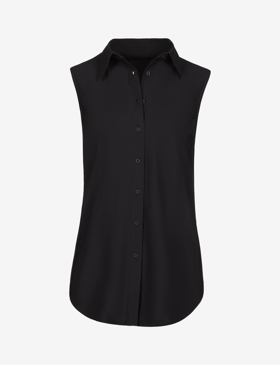 Classic Sleeveless Oversized Button Down Shirt::Black::Main