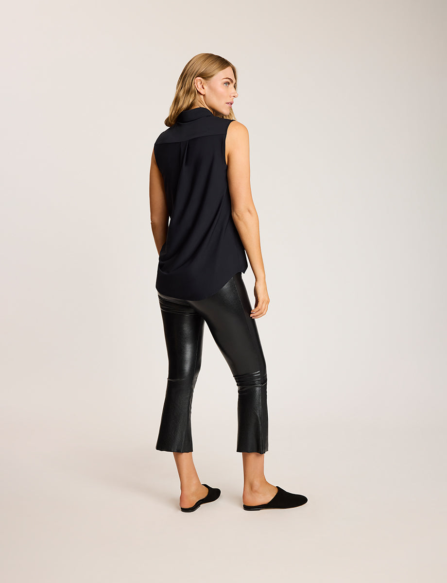 Classic Sleeveless Oversized Button Down Shirt::Black::Back