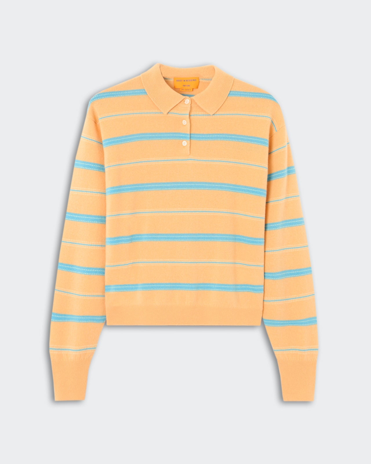 Collegiate Stripe Polo - Sorbet Combo, a long-sleeve polo shirt in a soft peach shade featuring horizontal sky blue stripes, a classic collar, and a three-button placket, displayed flat.
