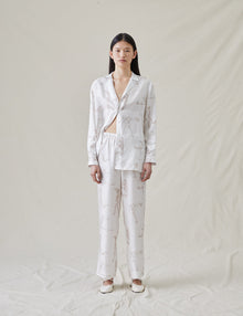 Womens | The Silk Relaxed Pants with Painted Figures | Cream / Sepia